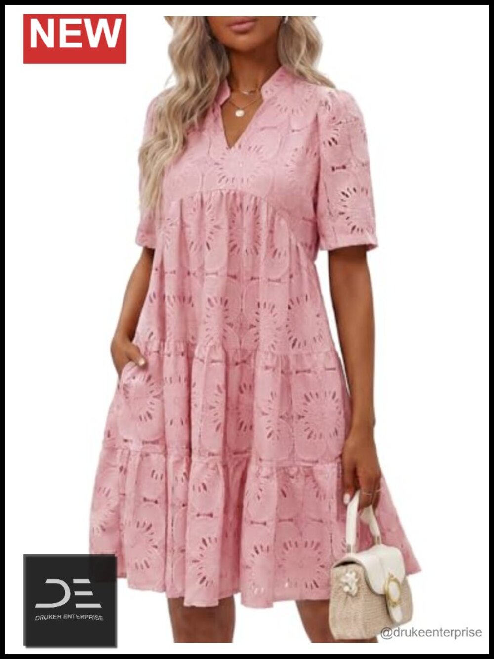Eyelet Babydoll Mini Dress with Pockets Cotton Summer